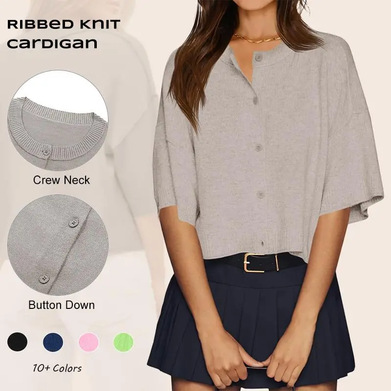 【FREE SHIPPING】Imily Bela Womens Half Sleeve Cardigan Sweaters Cropped Button Down Tops Oversized Lightweight Ribbed Knit Summer Outfits RC6738