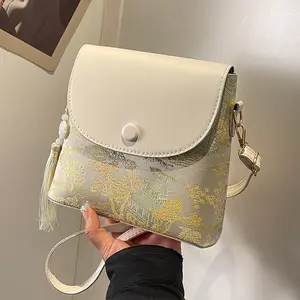 Vintage Jacquard Crossbody Bags for Women Trendy Small Flap Purse Brocade Fabric Messenger Bag Tassel Decor Casual Travel Oriental Aesthetic Gift