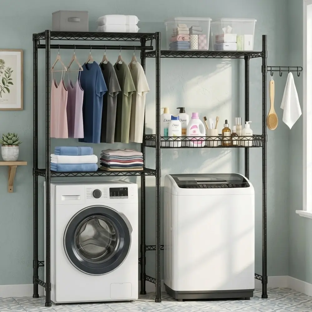 Littleox Over Washer and Dryer Shelves,  4 Tier Laundry Room Clothes Drying Rack Wire Basket & Rotating Side Hook, Heavy Duty Laundry Drying Rack, Space Saving and Adjustable Shelves, Black