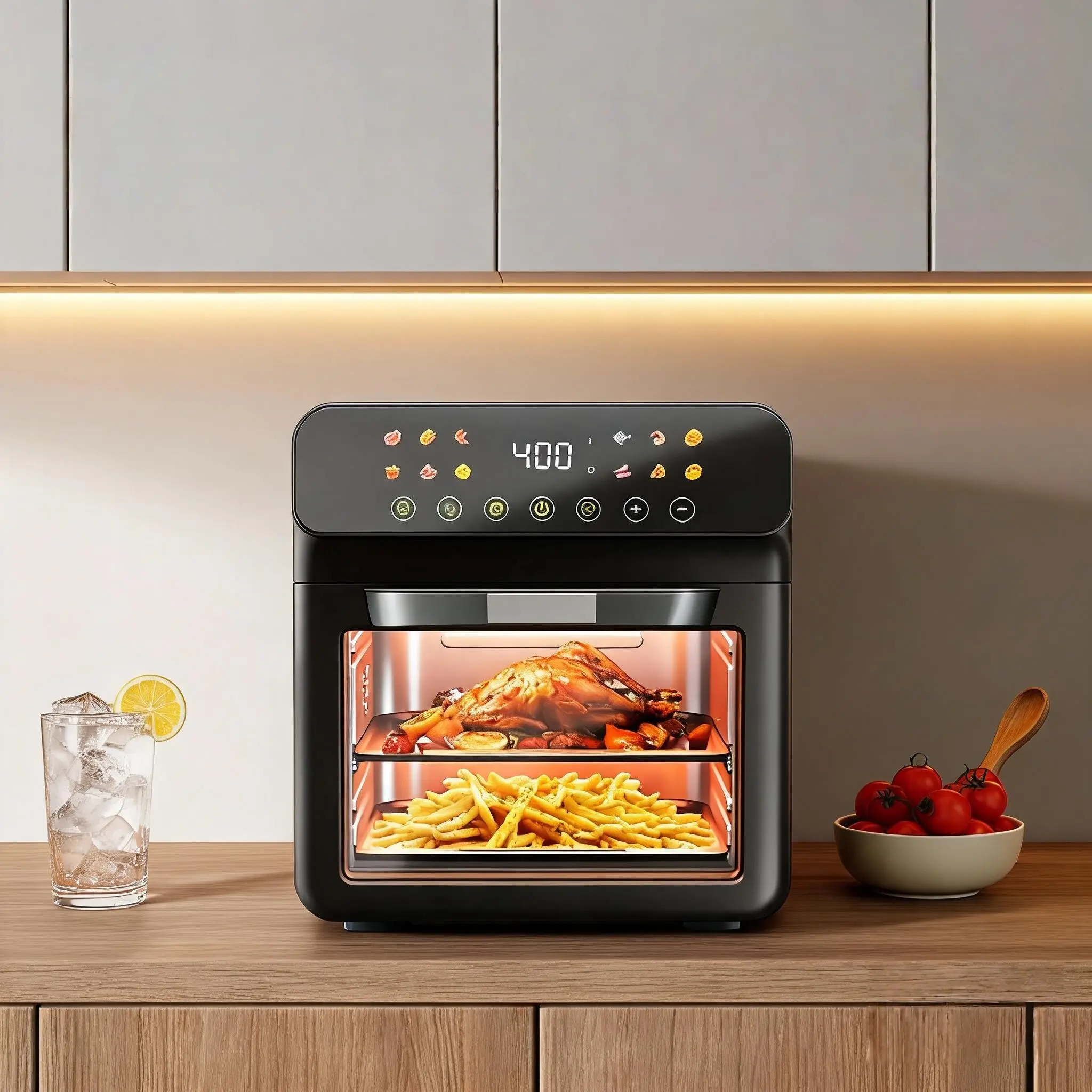 Home Chef FD-1015B New Smart Metal Air Fryer with Metal Tube Heating Fan Motor, 1350W High Power, 110-120V US Household Voltage & US Plug, V-0 Heat-Resistant Housing, Overheat Guard for Low Fat Fry & Indoor Daily Cooking Digital Air Fryer Oven Air Fryer