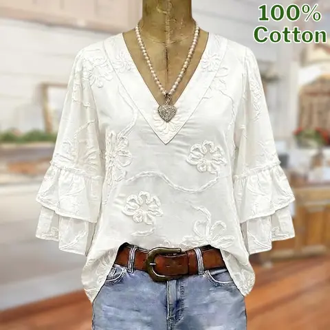 Women's Deep V-Neck Sage Vell 100% Cotton Blouse - 3/4 Sleeves, White Flower Embroidery, Double Layer Ruffle, Loose Fit, Casual Vintage Shirt for Daily, Beach, Date Night Wear