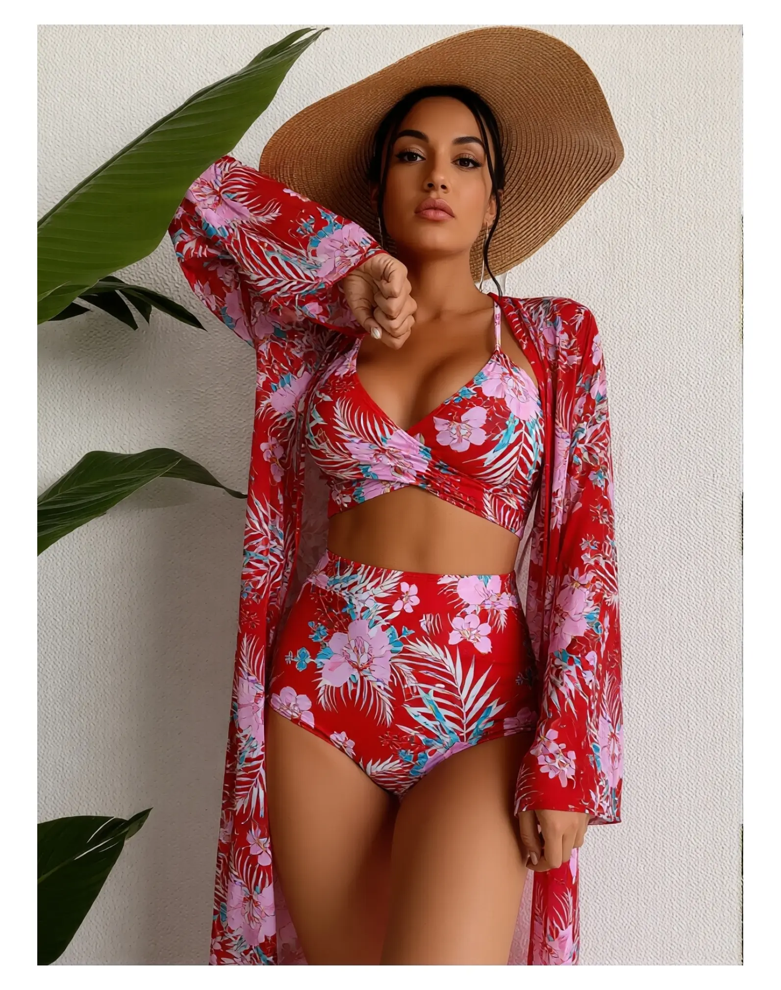 Women's 3 Piece Floral Swimsuit Set - Retro High Waisted Push Up Bikini with Tummy Control Bottoms and Stretch Cover Up, Nylon, Full Coverage, Strappy, Pool Parties, Quick Dry, Elastane, Hand Wash Only, Stylish Bikini Set, Flower Print Swimsuit, Bikini Sw