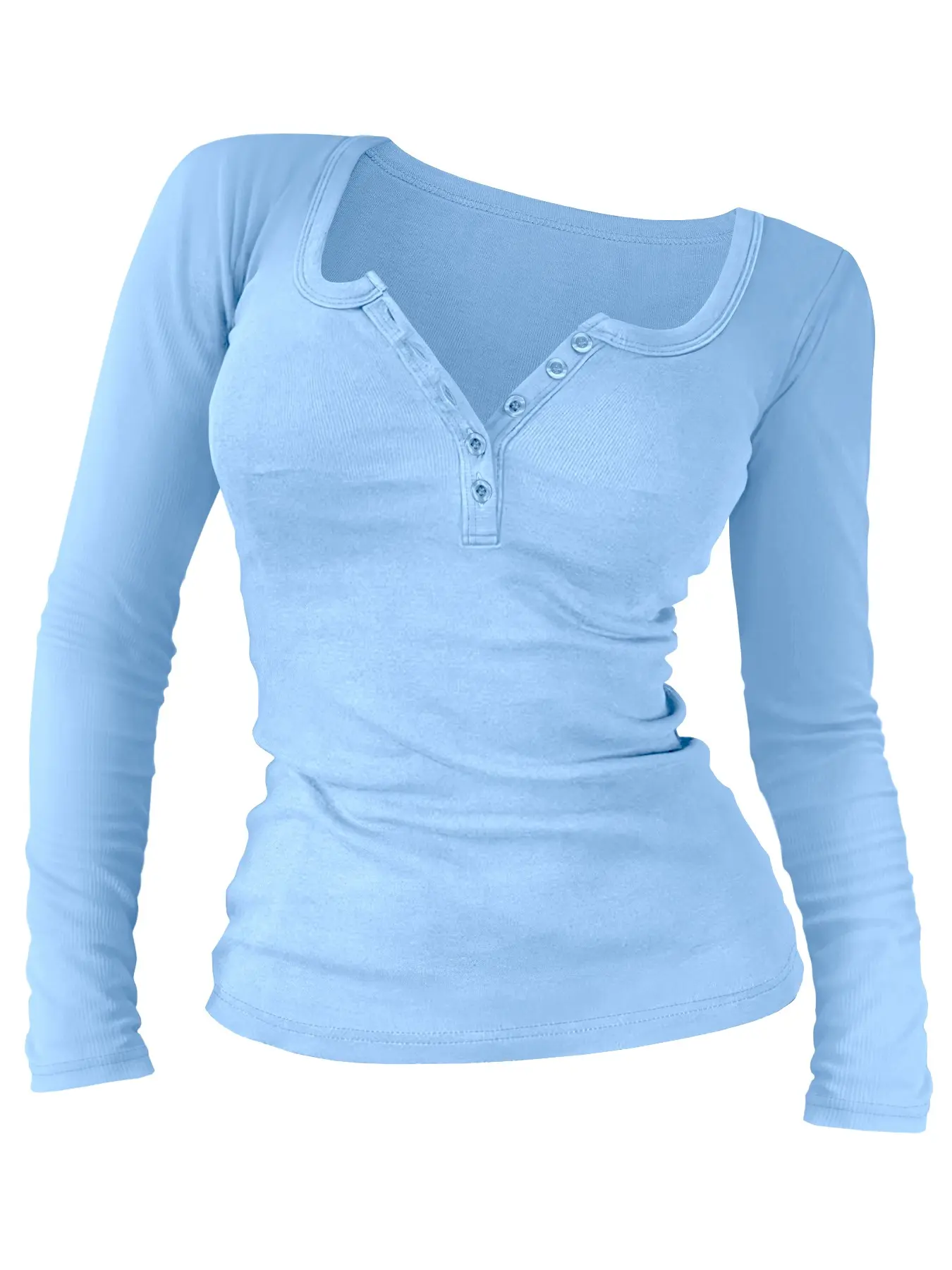 Spring Fall Fashion Casual Basic Thin Fitted Long Sleeve Crewneck Round Neck Solid Color  Women's Top T-Shirt with Buttons, Everyday Comfortable Fabric for Daily Wear