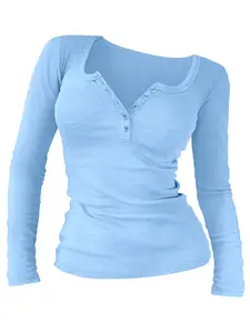Spring Fall Fashion Casual Thin Fit Long Sleeve Round Neck Solid Color  Women's Top T-Shirt with Buttons, Comfortable Fabric for Daily Wear