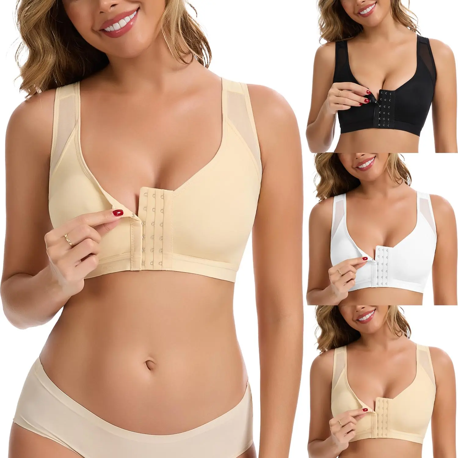 Women's Post-Surgery Compression Bras - Front Closure, Adjustable Straps, Wirefree, Soft Spandex Nylon, Casual, Comfortable, Fit, Posture-Supporting Vest Shapewear