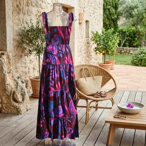 Women's Elegant Summer Boho Midi Dress with Square Neck Ruffle Tiered Flowy Smocked Design - Lightweight Breathable Sundress Perfect for Beach Vacation Party Casual Daily Wear Comfortable Fashion Style Ladies Clothing