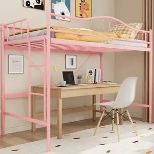Pink Loft Bed Twin Size with Removable Ladder & Full Safety Guardrail, Twin Loft Bed Heavy-Duty Metal Frame 400 Lbs Weight Capacity, Space Saving, No Box Spring Needed & Noise Free