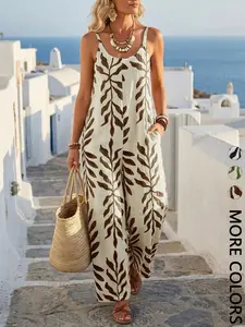 Women's Leaf Print Spaghetti Strap Sleeveless Jumpsuit, Loose Wide Leg Vacation Boho Style, Casual Summer One-Piece, Comfortable and Stylish