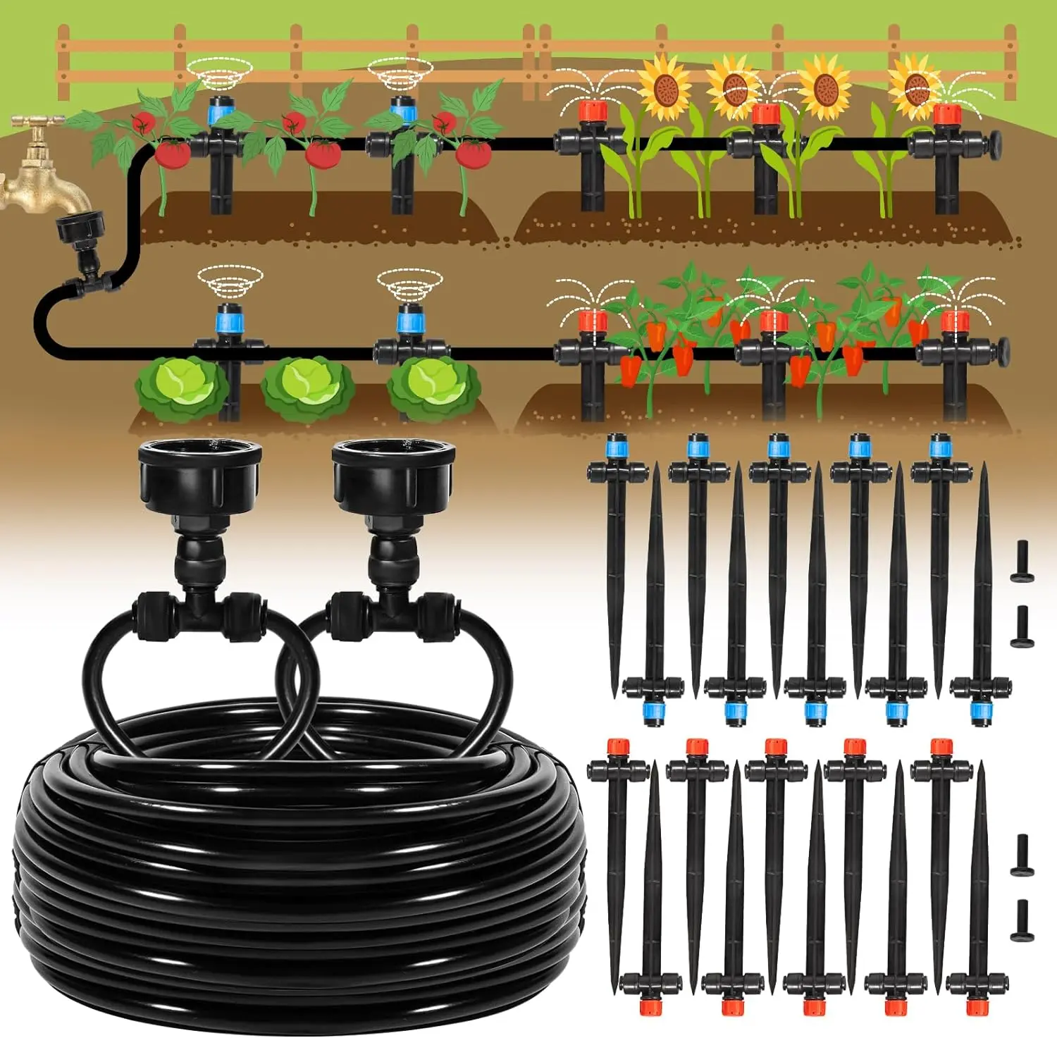110FT Quick-Connect Drip Irrigation Kit, Garden Watering System DIY Automatic Irrigation Equipment Set for Lawn Raised Bed Greenhouse  Watering with 1/4'' Tubing, Drip Emitters, Connectors