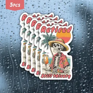 5Pcs "Vacation Mode" Beach Skeleton Waterproof Vinyl Sticker, Self-Adhesive Decal for Water Bottles, Laptops, Cars, Tablets, Ideal for Beach Lovers and Casual Style Fans