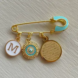 Blue/Gold Baby Pin With Evil Eye, Islamic Ayat Charm & Name Initial Charm