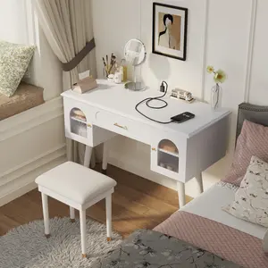 Elegant Vanity Makeup Table & Chair Set Modern Dressing Table with Organizer Writing Desk Charging Port White