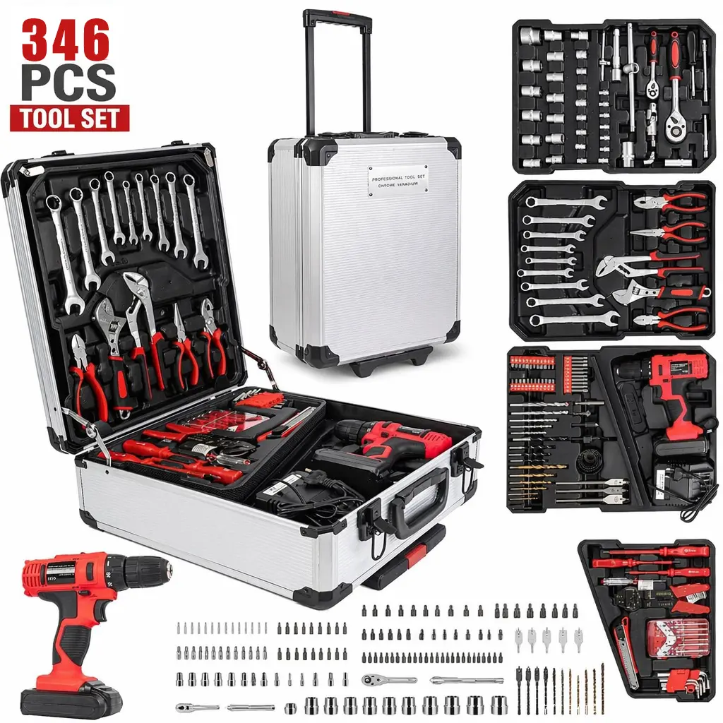 346PCS Portable Drill Tool Sets,18V Electric Power Drill Set, Cordless Drill for Men, Household Home DIY Hand Tool Kits,18+1 Clutch Cordless Power Drill Set for Thanksgiving, Christmas,Father's Day