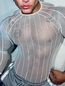 Men's Sheer Mesh Long Sleeve T-Shirt, Sexy Casual Crew Neck Tee for Party Daily Wear, Streetwear Fashion Men's Top for All Season