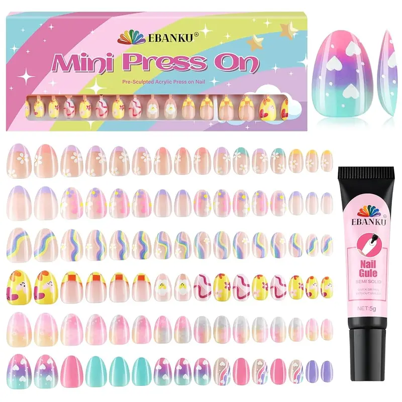 EBANKU Kids' Press on Nails Kit (24/78/130/144/156 ABS Plastic Pieces) - Vivid Flower Tips, Jelly Adhesives, DIY Nail Art for 8-12 Year Old Tweens, Christmas Gifts for Girls