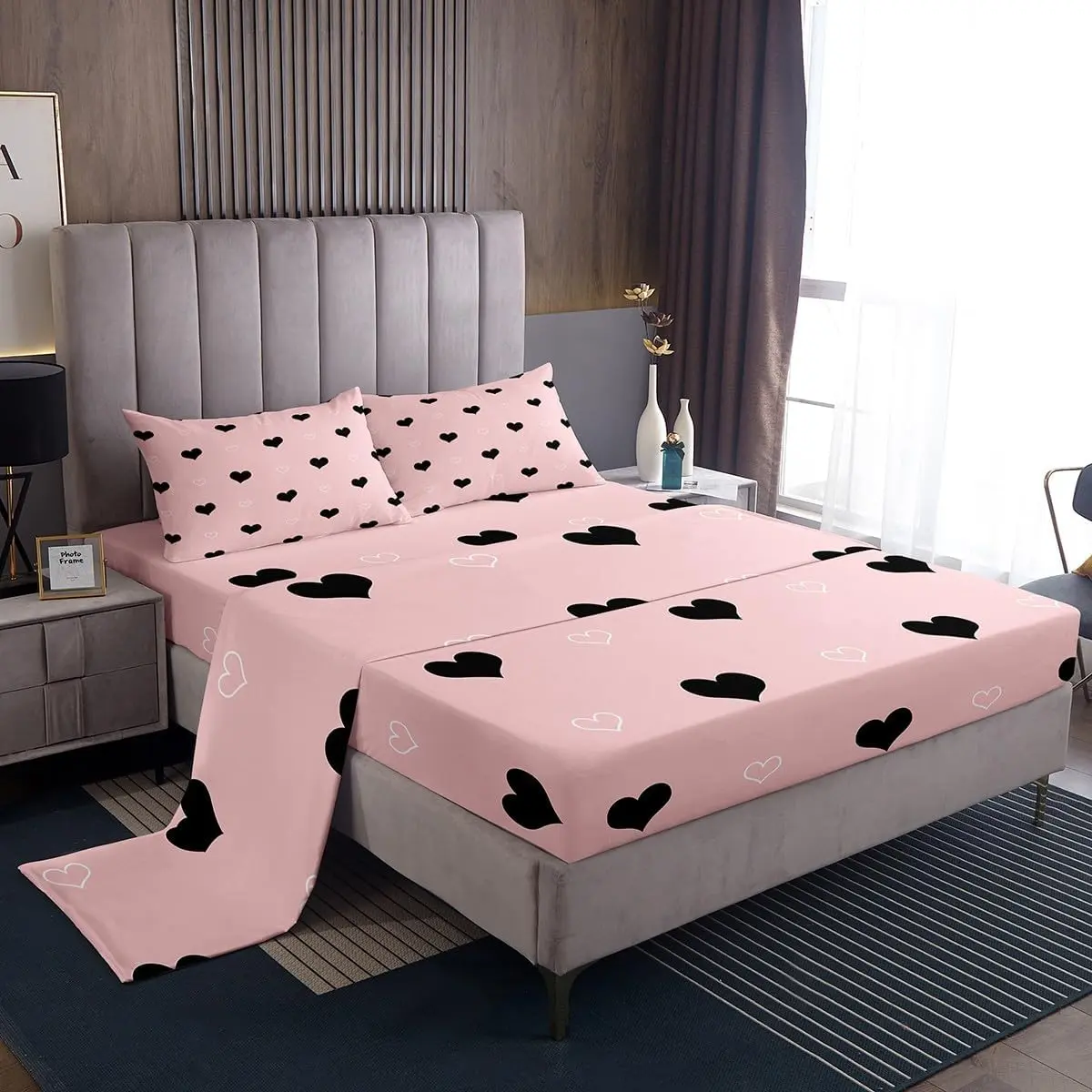 Girls Bed Sheets Cute Heart Pattern Sheet Set Lovely Pink Black Bedding Set Cartoon Geometric Soft Fitted Sheety Bedroom Decor Gift Modern Flat Sheet with 1 Pillowcase Deep Pocket