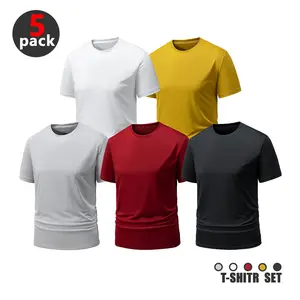 Men's 5-piece Solid Color Sports T-shirt Set - Breathable Quick Drying Crew Neck Short Sleeved Tee for Daily Leisure & Outdoor Activities