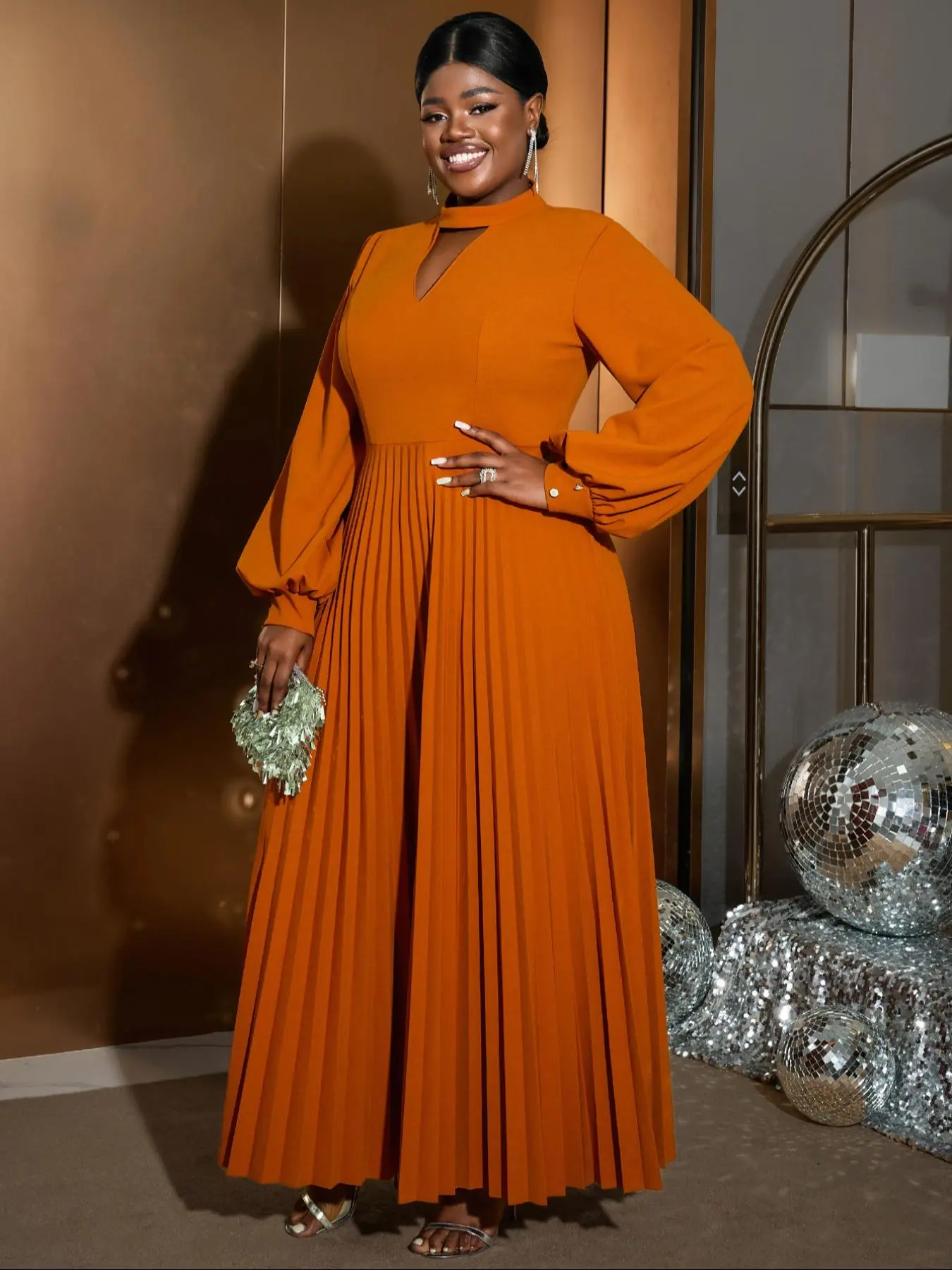 Plus Size] Plain Cut Out Lantern Sleeve Pleated Hem Dress Mock Neck Long  Sleeve A Line