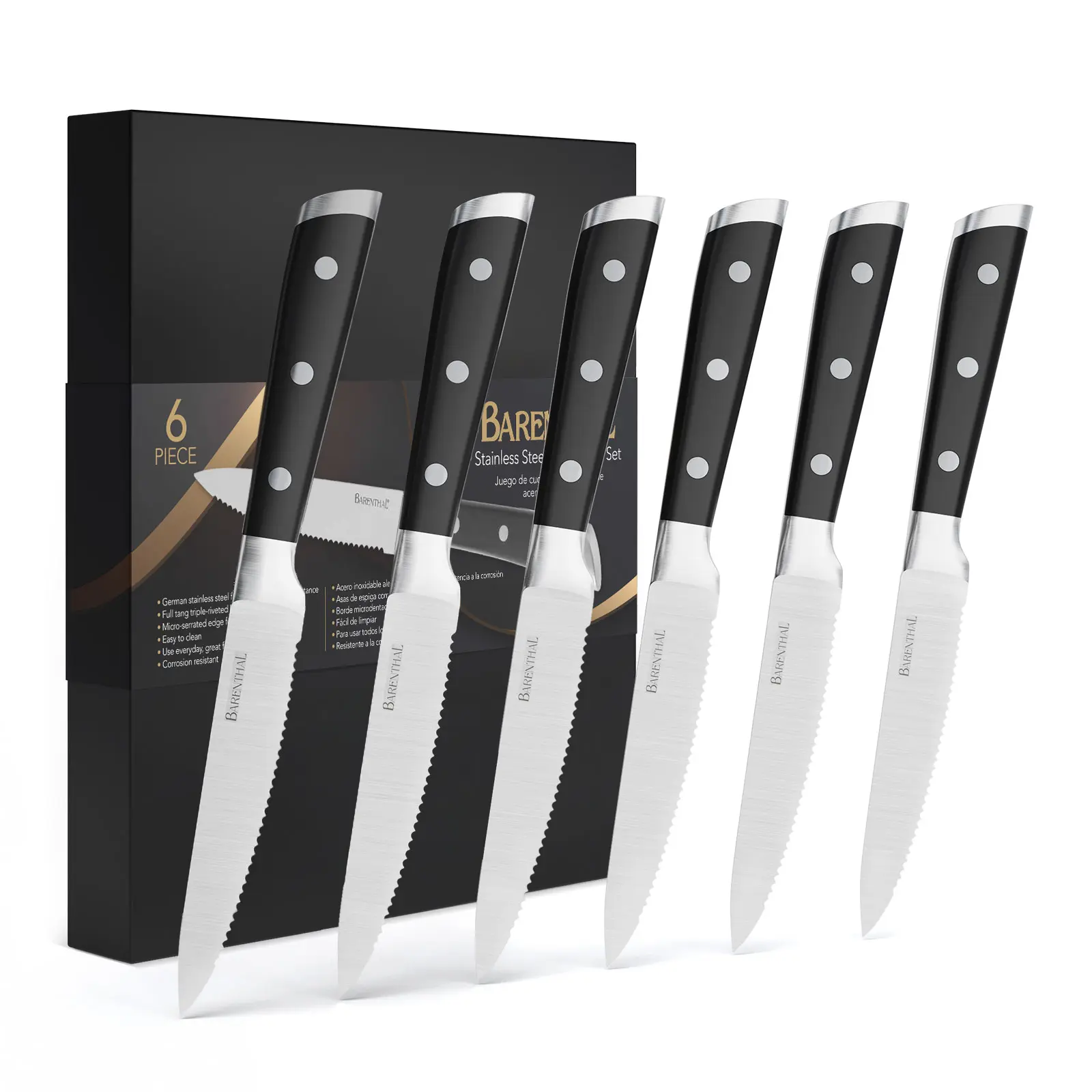 Barenthal 6-Piece Steak Knife Set, 18/10 Brushed Stainless Steel Serrated Steak Knives with Ergonomic Handles, Dishwasher Safe, Corrosion Resistant, Gift Box Included, Christmas Gift, Rustproof