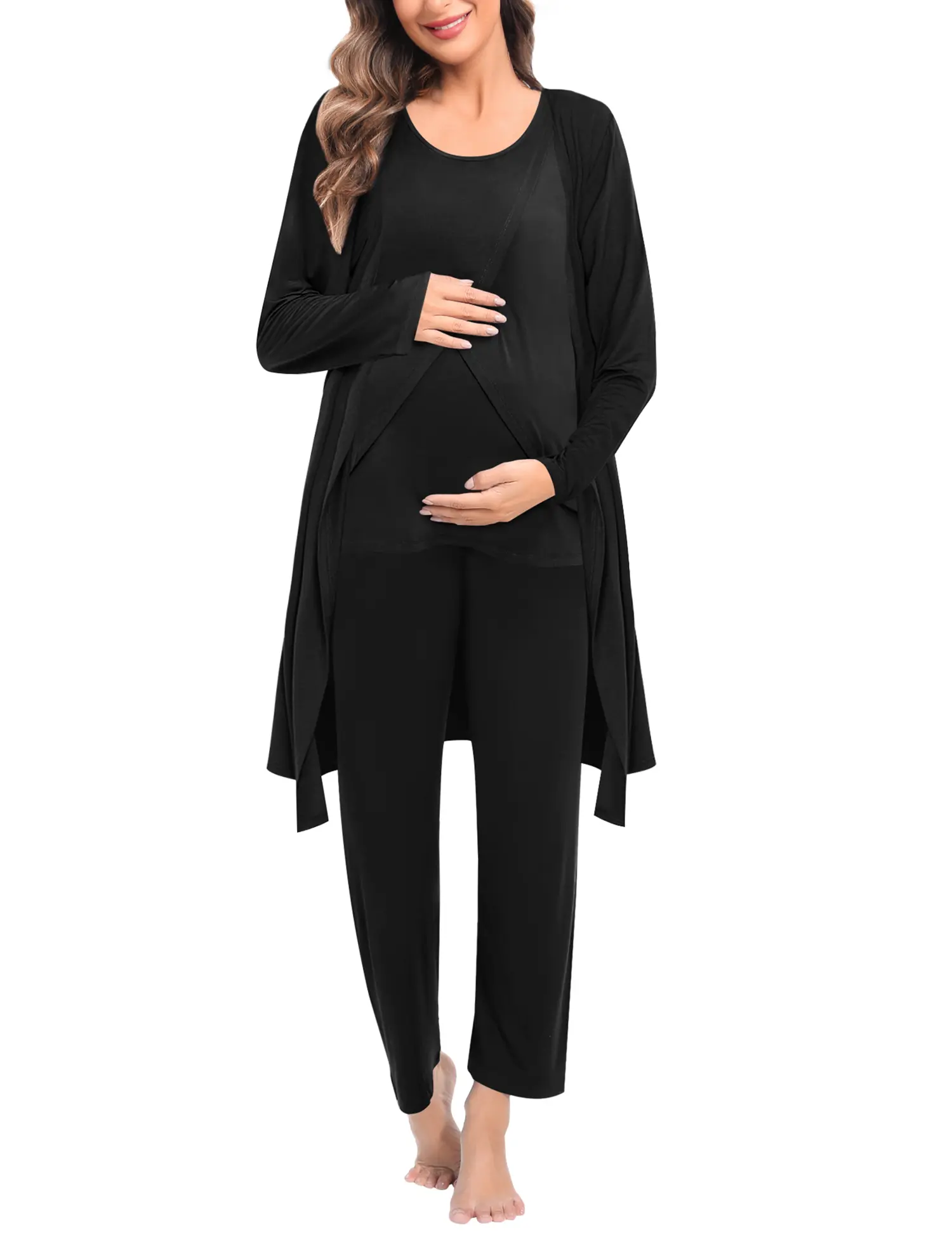 SWOMOG Women's 3-Piece Soft Maternity PJ Set, Long Sleeve Robe, Nursing Tank Top & Pants, Pregnancy Hospital Loungewear