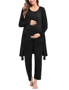 SWOMOG Maternity Nursing Robe Set 3 PCS Postpartum Breastfeeding Pajamas Hospital Pregnancy Pjs Double Layer Lounge Set Mom Gifts Casual Top Pregnant