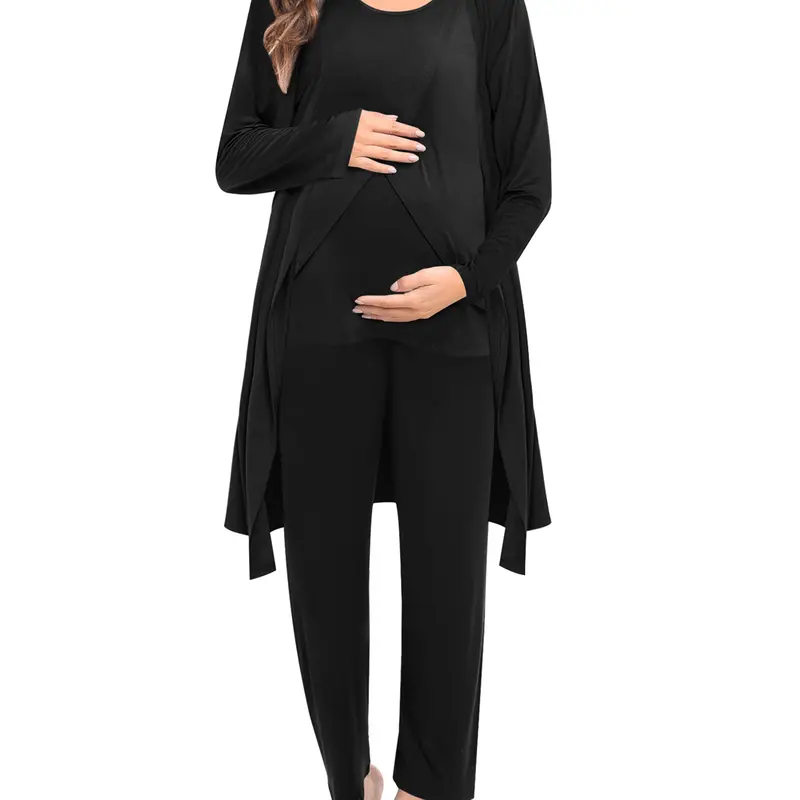SWOMOG Women's 3-Piece Soft Modal Nursing Friendly Maternity Gown Set - Long Sleeve Robe with Tie, Elastic Waist Prenatal Pants, Sleeveless Tank Top, Double Layer Loungewear, Labor & Postpartum Outfits, Baby on the Way Mom Gifts