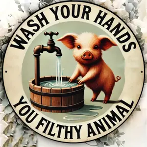 Cute Pig Pattern Wall Art, Vintage Hand Washing Pig Sign, Durable Aluminum Wall Art, Perfect for Kitchens, Bars, Cafes & Garages, Decor