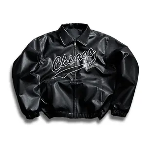 Men’s Loose Fit Turn-Down Collar PU Leather Jacket – Stylish American Retro Letter Print Motorcycle Jacket