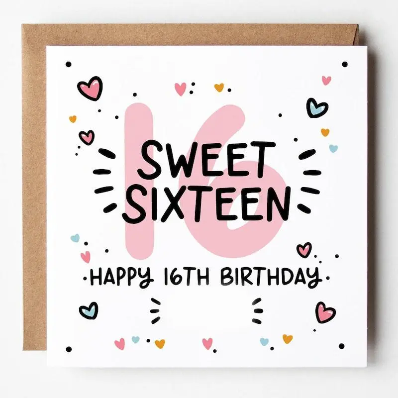 Sweet 16 Birthday Card, 1 Count Happy 16th Birthday Card with Envelope, Birthday Gift for Girls, Greeting Card for Birthday Party, Custom Message Card, Fun Party Cards