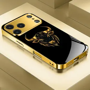 Luxury Black Gold Art Texture Electroplated Tempered Glass Cellphone Case - Protective Tech Accessory for iPhone 11,12,13,14,15,16,17 Plus Pro Max, Multi-Model Mobile Phone Accessories, Tech Accessories