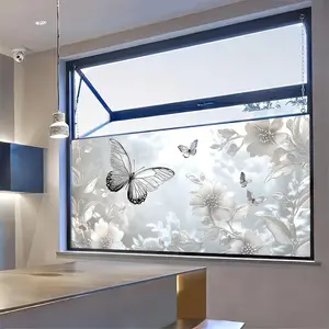 Floral and Butterfly Stained Glass Window Film, 39.3x17.7 Inches, , UV Protection, Static Cling, PVC Material