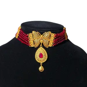 Nepali Indian Choker Necklace with Decorative Design and Central Pendant, Featuring Red Accents and Gold Detailing
