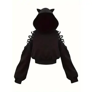 Gothic Cat Ear Hoodie for Women, Halloween Cosplay Crop Sweatshirt Collar Fabric Tops Casual