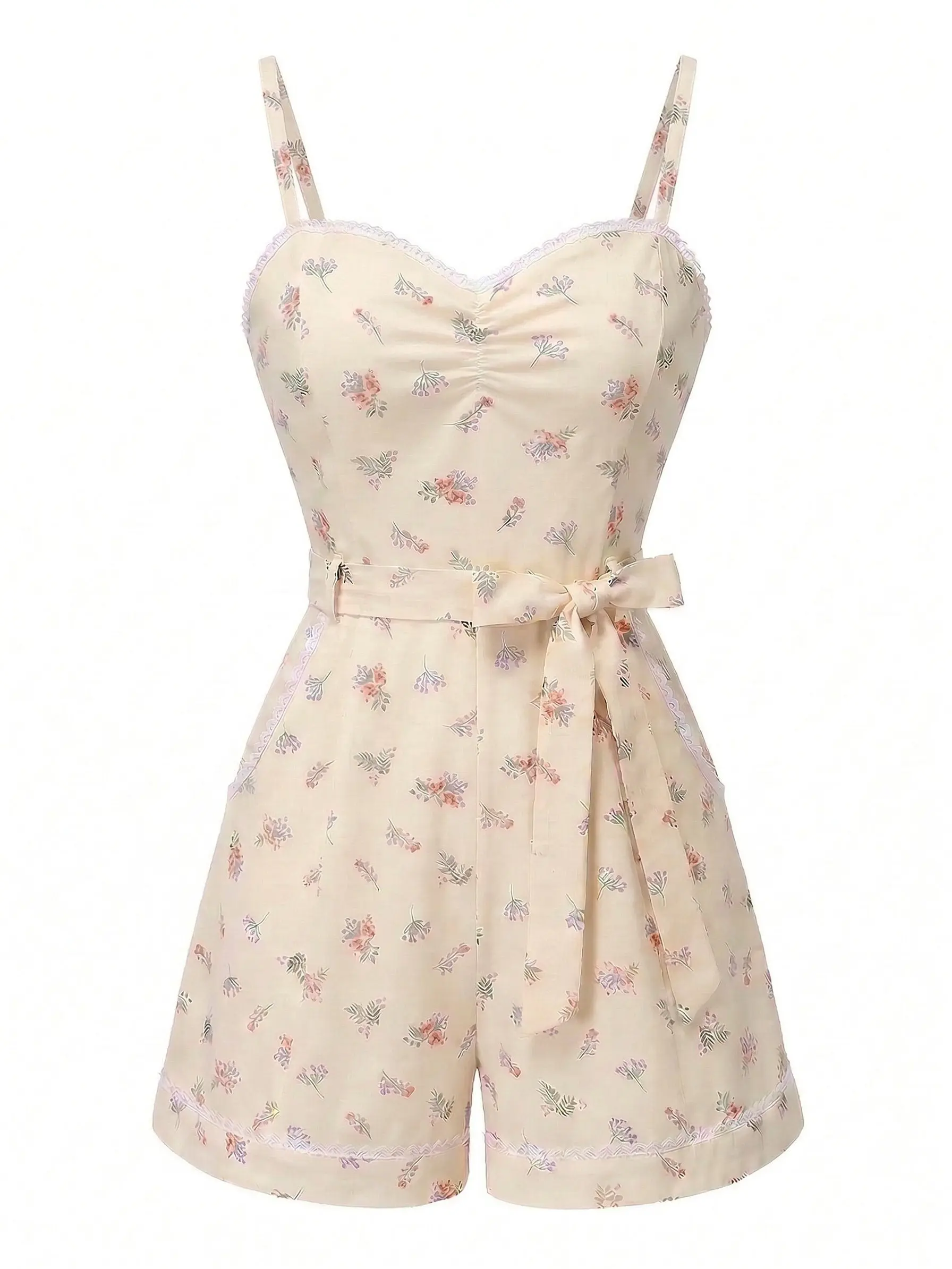 Beige 1940s Floral Suspender Romper Holiday Stylesummer outfits