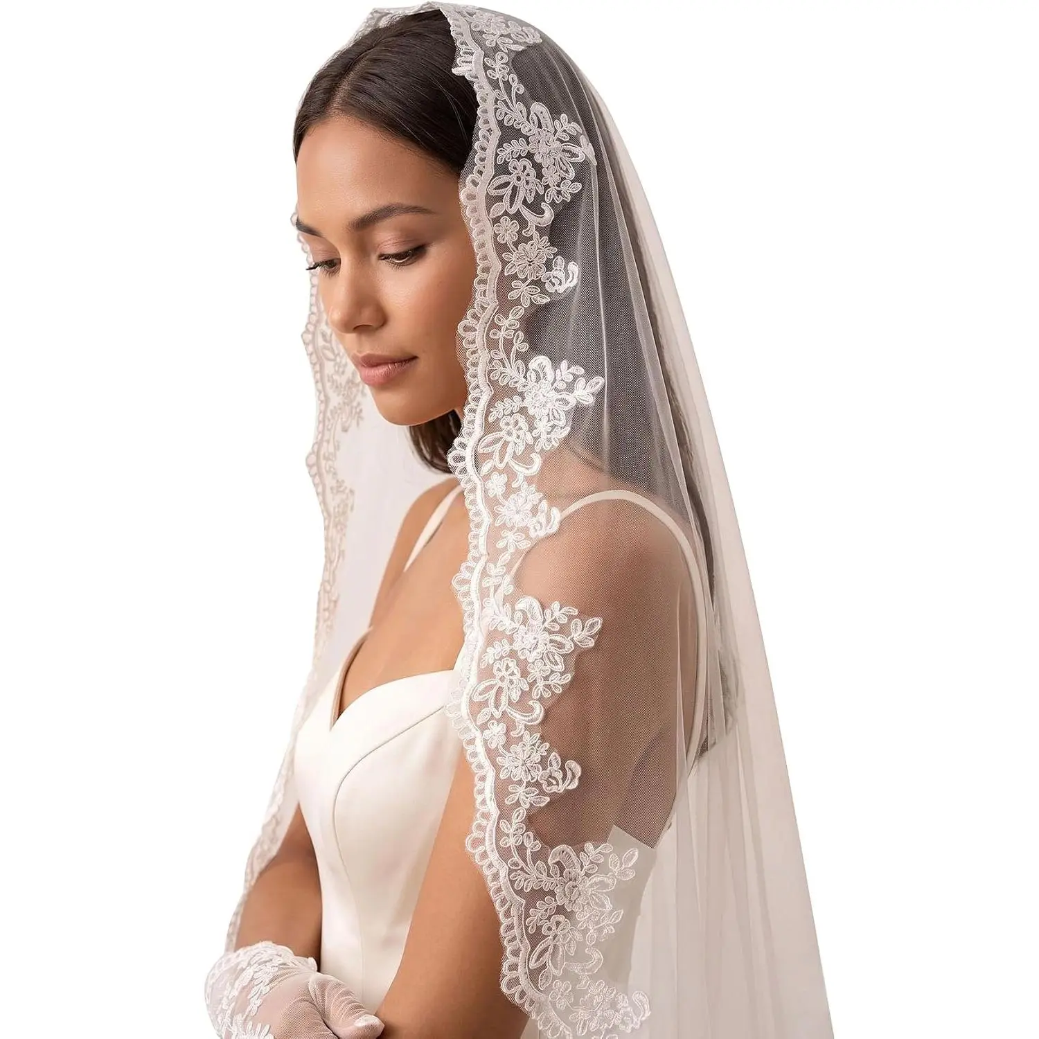 Mantilla Wedding Veil Lace Edge Fingertip Length Bridal Veil with Comb for Bride