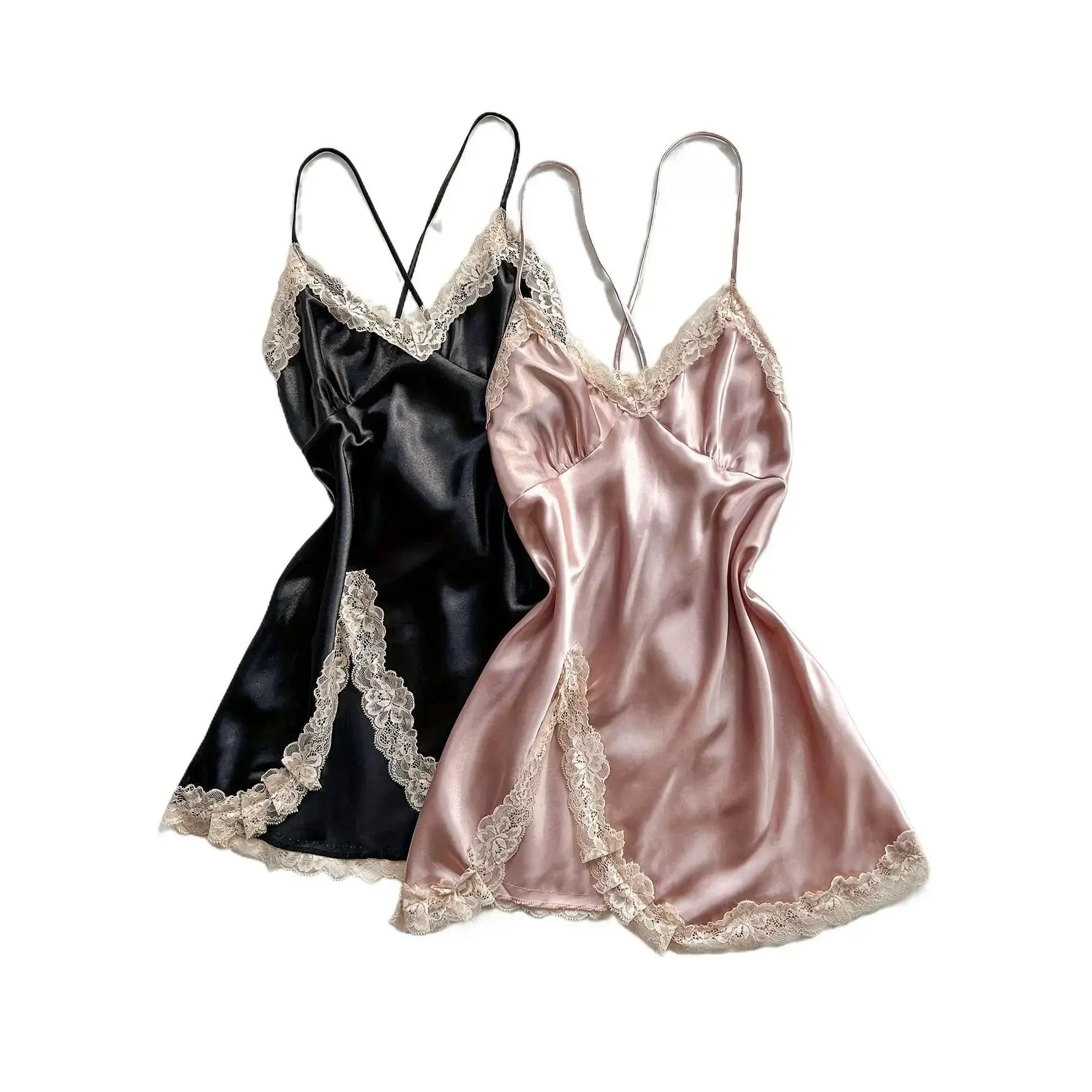 2 Pcs Sexy Silky Lace Trim Sleepwear - V Neck Backless Cross Strappy Split Hem Nightgown Dress, Comfortable
