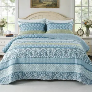 Quilt Set 90x90 Inches, Blue Paisley Boho Bedspread Farmhouse Quilting Bedding Set, Lightweight Washed Coverlet Set, Reversible Bed Cover, Quilts  Size with 2 Pillow Shams -Season