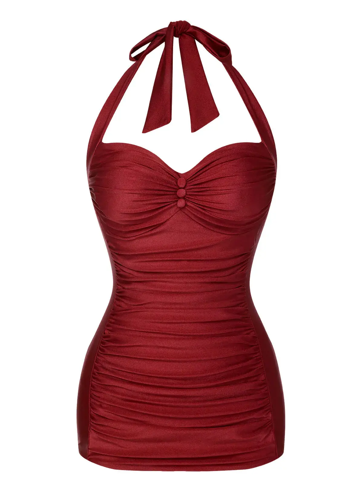 Wine Red 1950s Solid Gathered Halter Swimsuitsummer outfits beach essentials vacation outfits Onepiece Swimwear