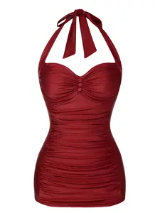 Wine Red 1950s Solid Gathered Halter Swimsuit