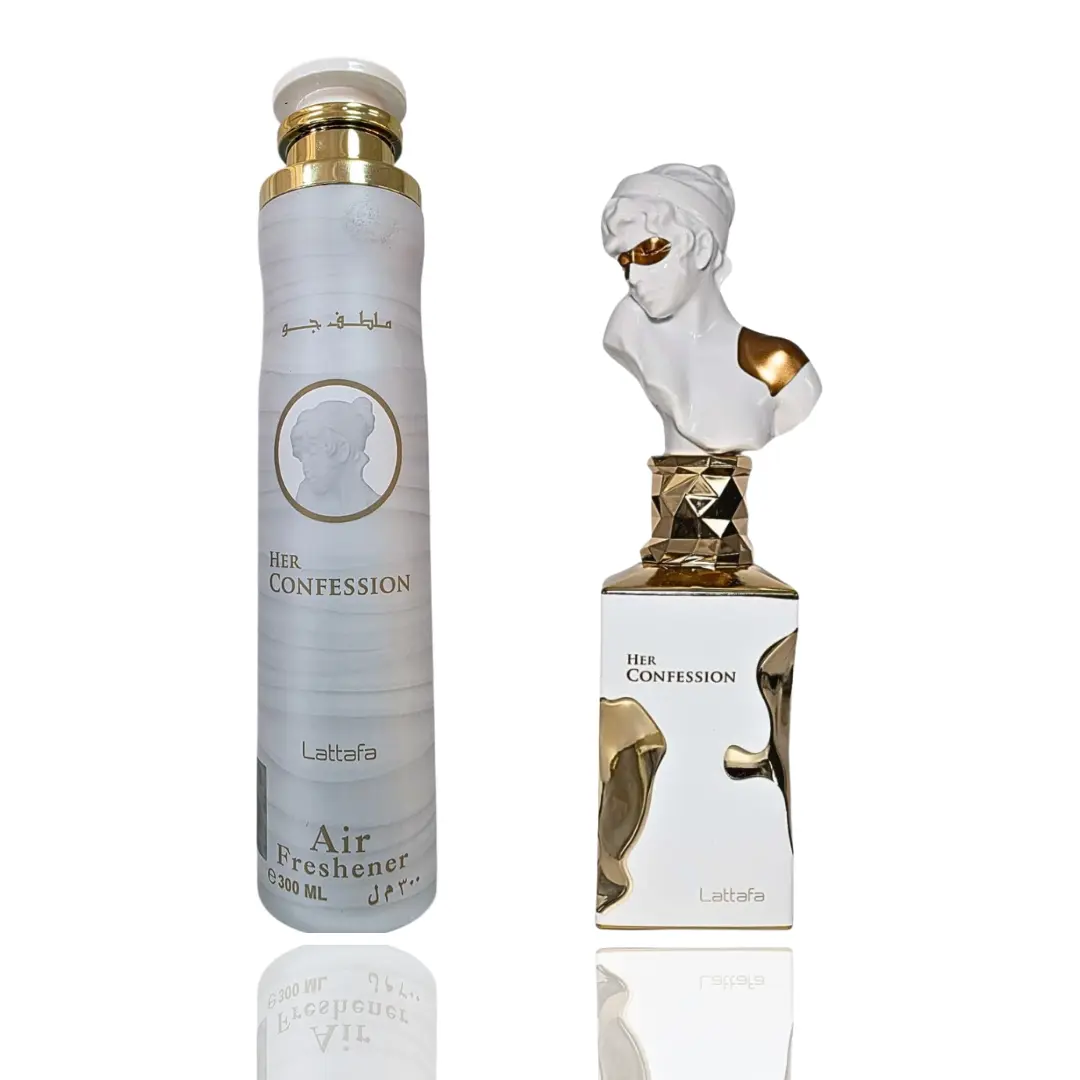 Lattafa Unisex Elegant Fragrance Bundle - Her Confession Scent, Her Confession Room/Vehicle Air Freshener, 2-Piece Scented Unisex Fragrance Set with Lasting Aroma