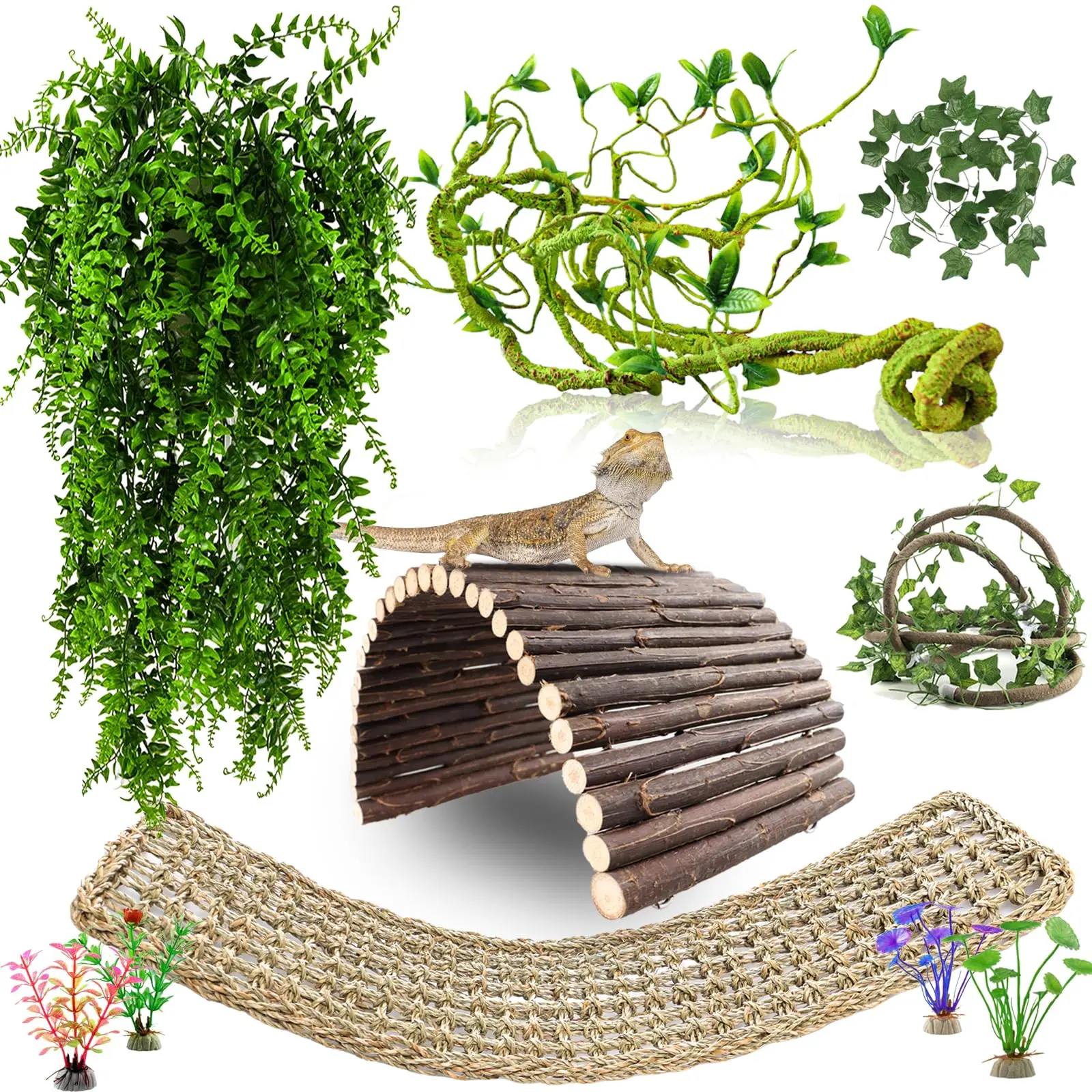 10PCS Reptile Tank Decoration Accessories - Hammock, Artificial Plants, Vines, Bridge, Branches for Bearded Dragons, Snakes, Frogs Reptile Enrichment Supplies, Snake