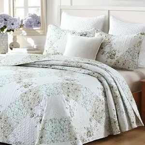 Set Queen Size 3 Pieces Floral Patchwork Comforter Bedspread Boho Coverlet Reversible Lightweight Farmhouse Bedding with 2 Pillow Covers Shams for All Season, Green Purple
