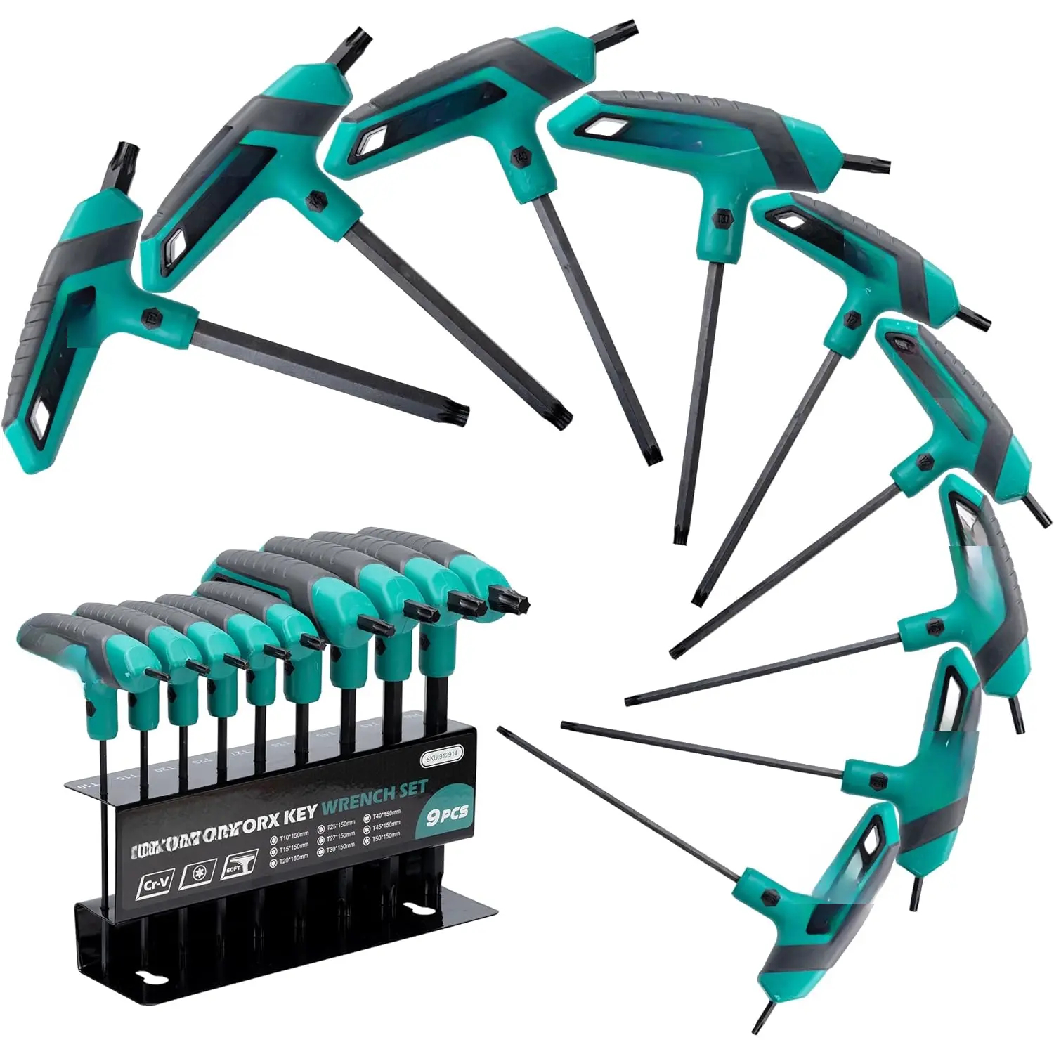 T Handle Torx Wrench Set, T10-T50 Torx Star Wrench with T-Handle, Two-tip Design, Suitable for Torx Screws, Torx Set for DIY, Auto  Repair Tool, 9 count with Storage Rack