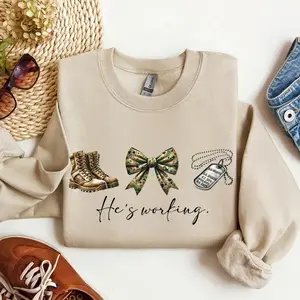 USMC Wife Sweatshirt He's Working Tee, Marine Girlfriend Shirt, Military Wife Gift, Marine Corps Family Apparel