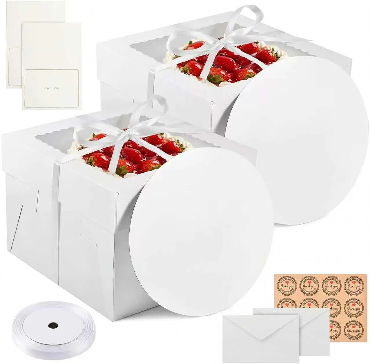 2 Pack Cake Boxes with Window & Cake Boards — Disposable Cake Carrier Boxes with Lid, Includes Stickers, Envelopes, Greeting Cards & Ribbon — Bakery Boxes for Cakes & Cupcakes