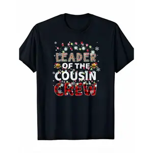 Merry Christmas Cousin Crew Neck Funny Xmas Lights Red Plaid Print T-Shirt for Men 100% Cotton Holiday Festive Graphic Tee Menswear Top