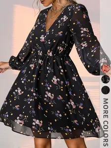 New Women's V-Neck Floral High-Waisted Dress, Elastic Waist Chiffon Breathable Bubble Sleeve Knee-Length Dress, Elegant Fashion for All Seasons