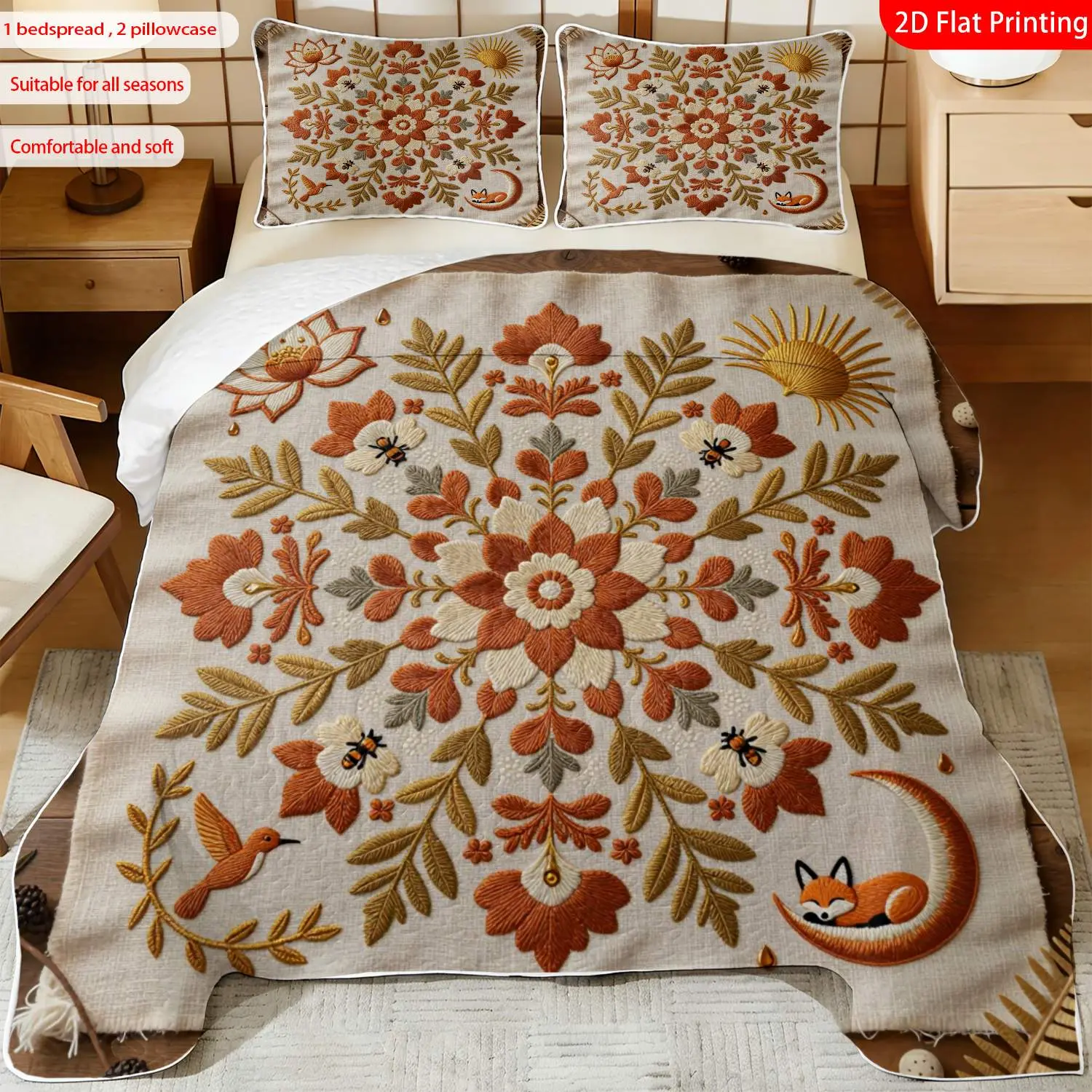 3 pcs, 2D flat print Boho Floral bed cover set with Hummingbird & Fox, multiple sizes available, bedding set, festive decorative bedding, ideal for bedroom décor(1 bedspread , 2 pillowcase)
