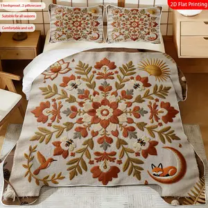 3 pcs, 2D flat print Boho Floral bed cover set with Hummingbird & Fox, multiple sizes available, bedding set, festive decorative bedding, ideal for bedroom décor(1 bedspread , 2 pillowcase)