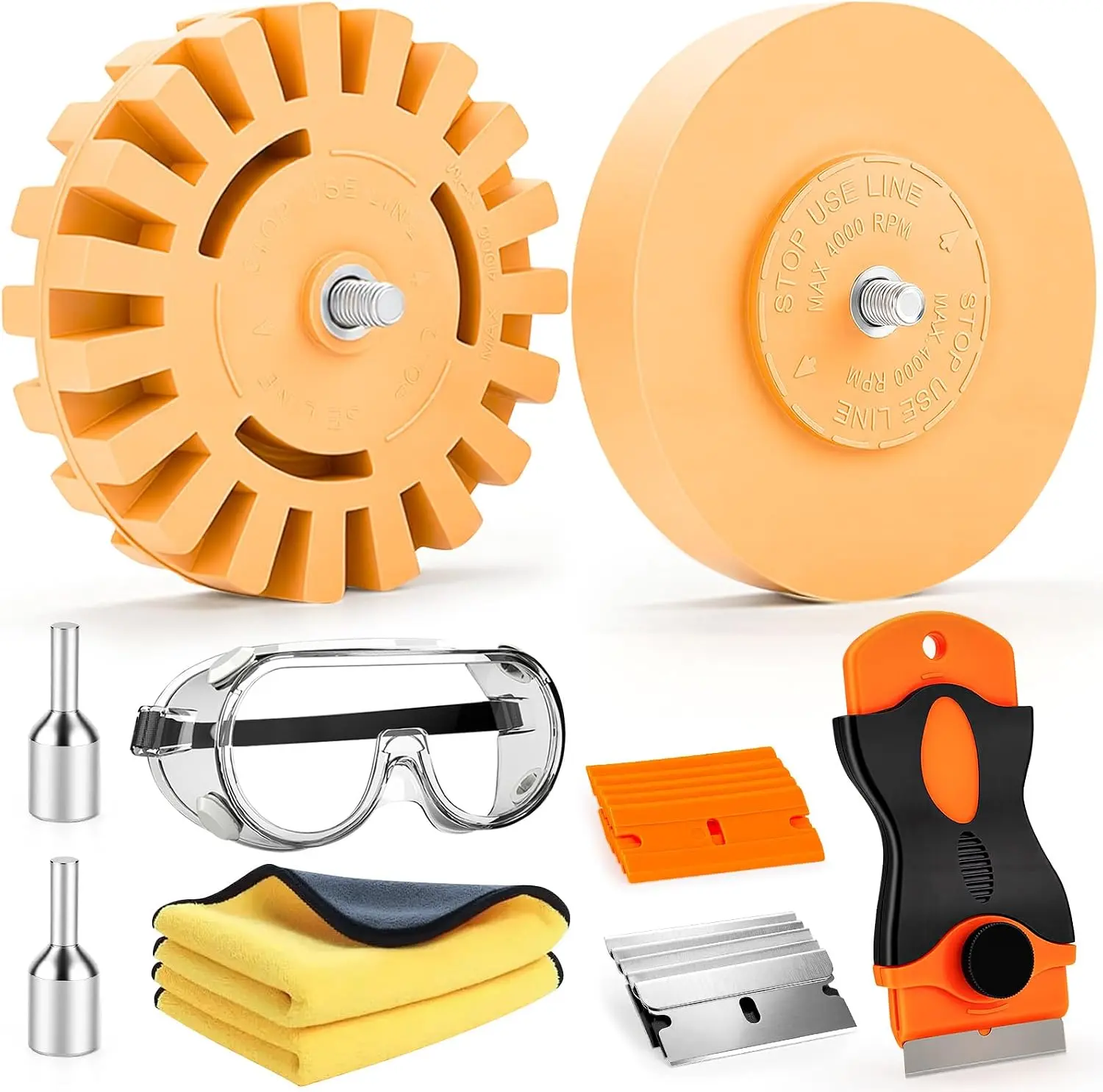 VOICETANK 6-Piece Eraser Wheel Sticker Removal Tool Set - Upgraded Wheels (2), Safety Goggles, Car Towel, Razor Scrapers, Drill Adapters for Cars Trucks Decals Removal, Adhesive, Vinyl Pinstripes, Emblem Glue